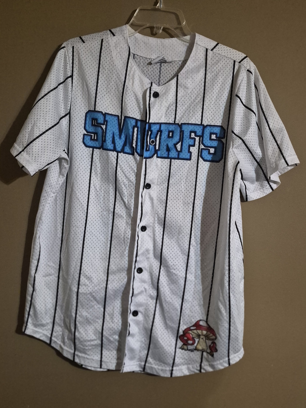 Smurfs White & Blue Pinstripe Men's  Baseball Jersey Size L